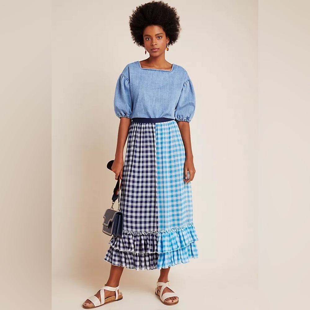 Eva Franco Blue Black Checkered Maxi Skirt medium tiered elastic waist